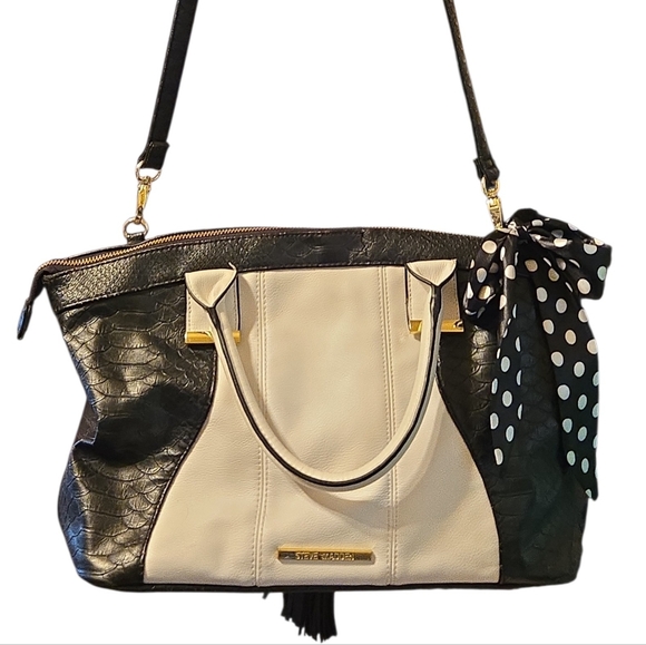Steve Madden Black & White Reptile Print Satchel with Polka Dot Bow Accent - Picture 2 of 15